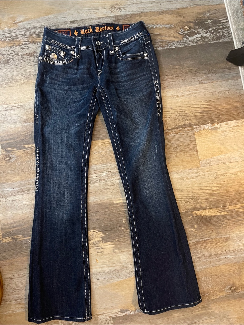 Rock Revival Dark Blue Wide Leg Jeans with Contrast Stitching